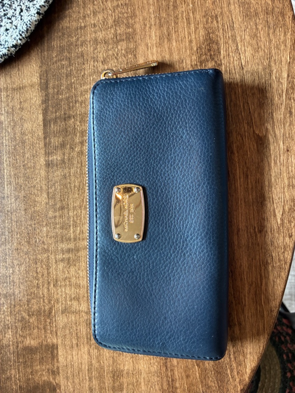 Michael Kors Navy Leather Zip Wallet with Gold Plate